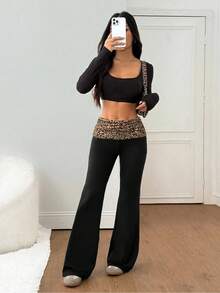 SHEIN PETITE 女款豹紋拼接休閒百搭喇叭褲，適合日常穿著，小個女款 - 彩色 - 查看 6