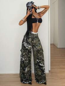 StreetHx Women's Camouflage Print Fashion Versatile Pocket Button Loose Wide-Leg Jeans - Multicolor - View 4