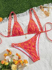 Swim Vcay Summer Sexy Women's Beachwear Halter Neck Seashell Print Triangle Bikini Set - Multicolor - View 4