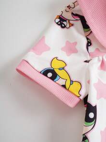 THE POWERPUFF GIRLS X SHEIN Barboteuse à manches courtes mignonne avec imprimé étoiles pour bébé fille - Rose pâle - Voir 4