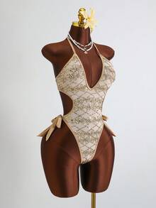 Costavie Bộ bikini liền thân gợi cảm đính sequin, kiểu cổ yếm, dành cho nữ, thích hợp cho mùa xuân/hè. - Vàng - Xem 6