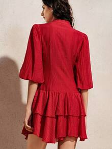 Revavyn Elegant Red Autumn Tea Party Mini Dress,Sweet Mandarin Collar Lantern Sleeve Textured Fabric Button Design Waist Cinching Double-Layer Ruffle Hem - Burgundy - View 2