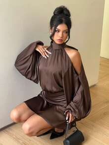 Aloruh 女士新款纯色长袖迷你连衣裙，灯笼袖A字裙，适合派对、约会、下午茶等场合，秋冬季款 - 棕色 - 查看 7