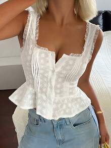 DAZY Women's Solid Color Textured Patchwork Lace Trim Fitted Cropped Casual Beach Summer Tank Top School - White - View 4