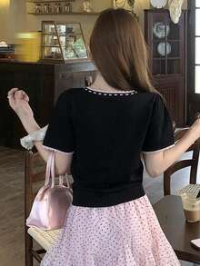 DAZY Women's Patchwork Cartoon Butterfly Print Bow Decor Fitted Casual Daily T-Shirt - Black - View 7