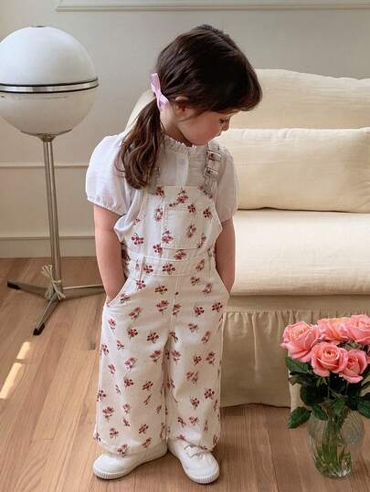 Dazy Kids Bộ áo liền quần denim kiểu Hàn Quốc giản dị, đa năng, in họa tiết hoa toàn thân, dành cho bé gái sơ sinh/trẻ nhỏ, phù hợp cho mọi mùa.