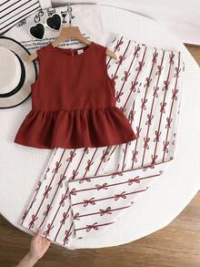 SHEIN 2件套少女碎花无袖上衣和宽松休闲裤套装 - 紅白色 - 查看 1
