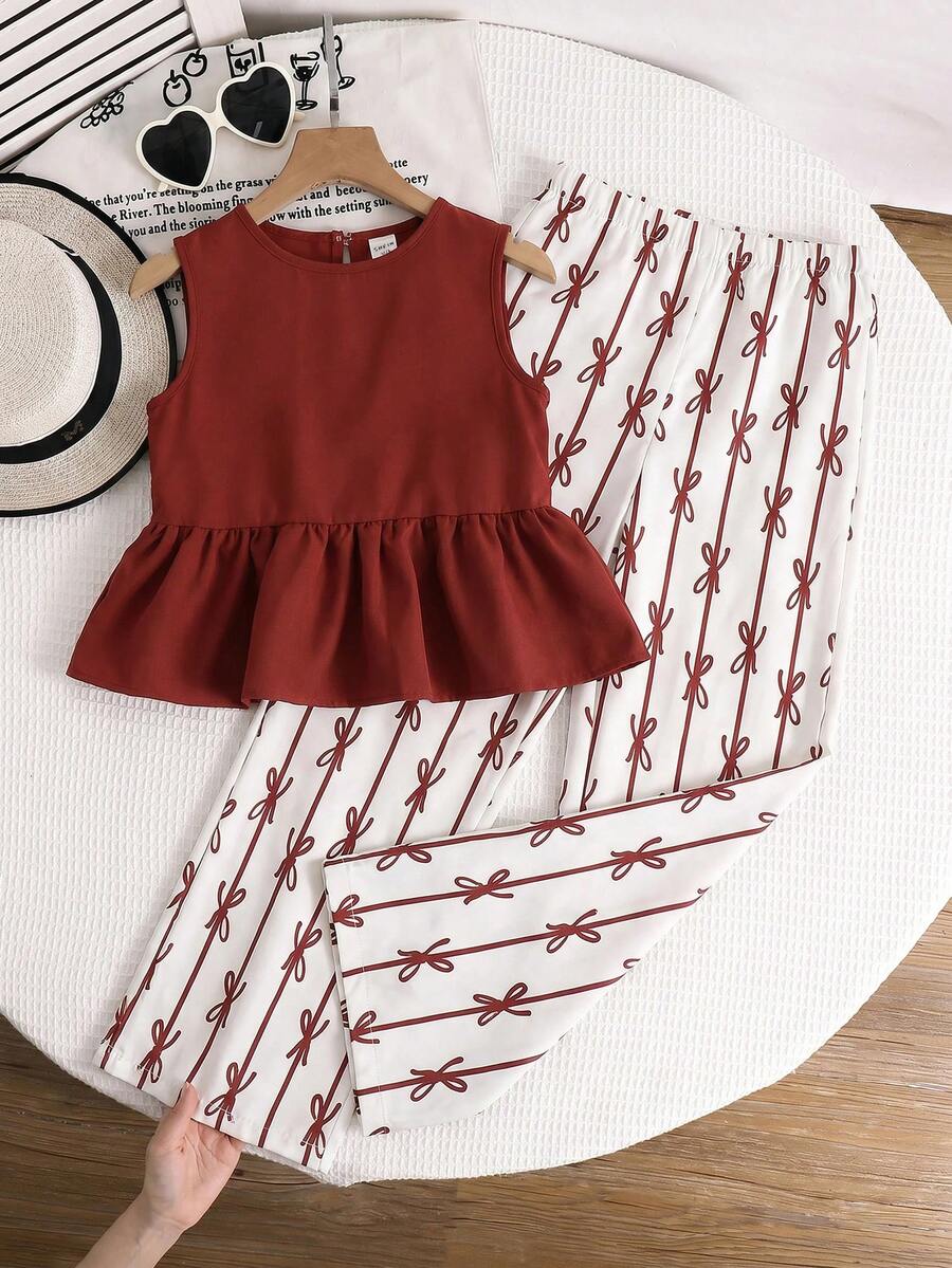 SHEIN 2件套少女碎花无袖上衣和宽松休闲裤套装 - 紅白色 - 查看 1