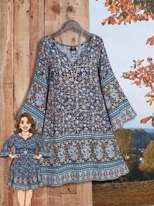 Rusticease Plus Size Patterned Midi Dress,Fall Women Clothes - Blue Day - View 1
