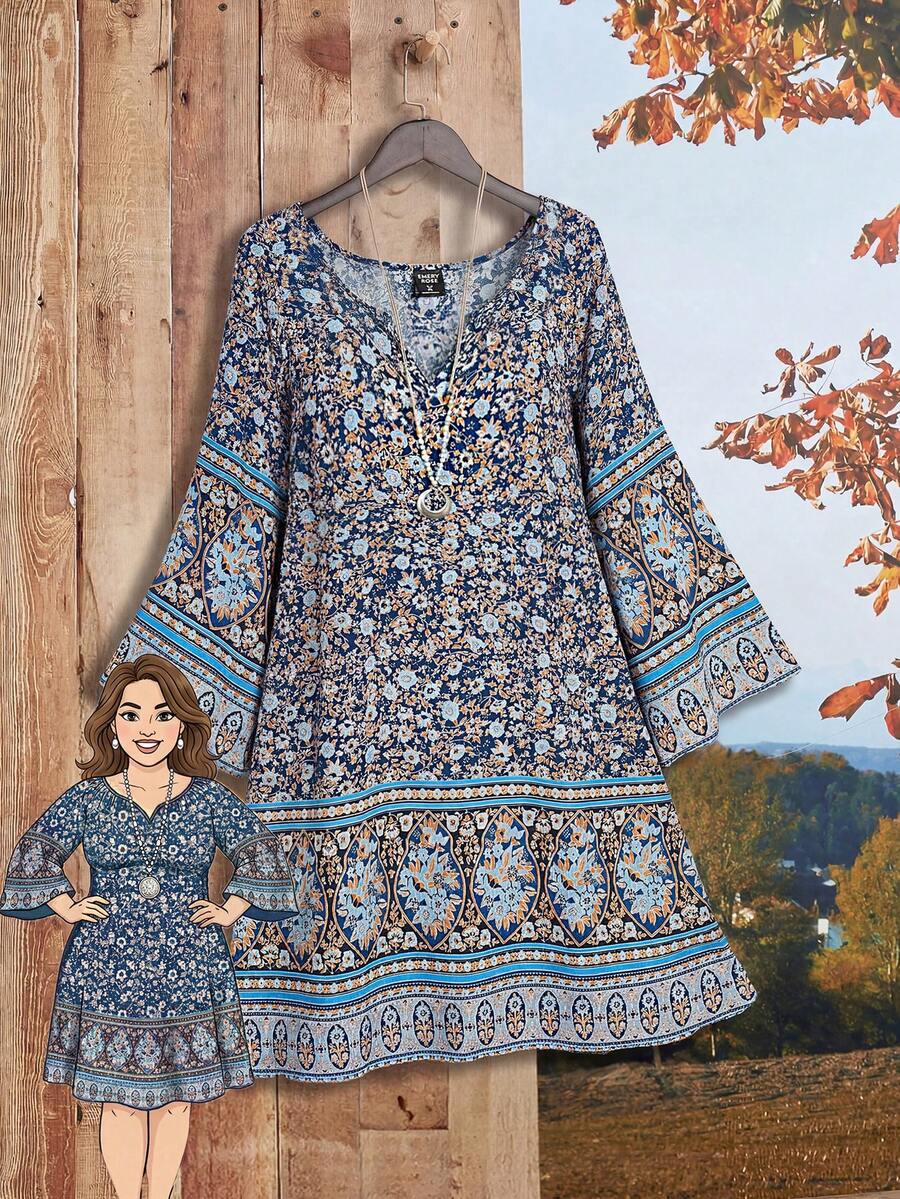 Rusticease Plus Size Patterned Midi Dress,Fall Women Clothes - Blue Day - View 1