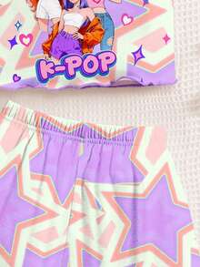 Tween Girl Colorful Star, K-POP Cartoon Girl Print Camisole And Casual Shorts Pajama Set, Suitable For Summer Daily Wear - Multicolor - View 5