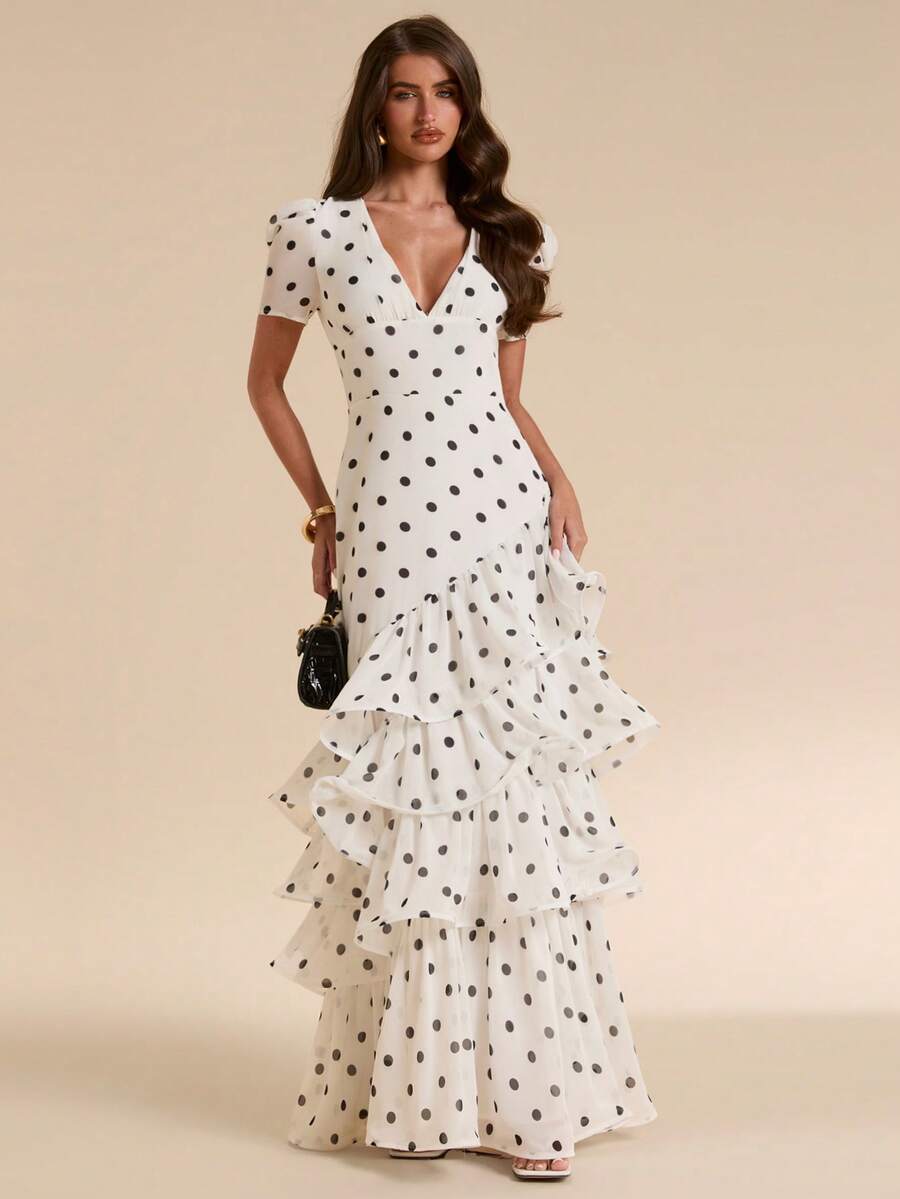 SHEIN BAE Gaun Panjang Berkerah V dengan Lengan Mengembang dan Motif Polkadot Hitam Putih, Gaun Panjang dengan Hiasan Rumbai di Bagian Bawah - Hitam dan Putih - View 1