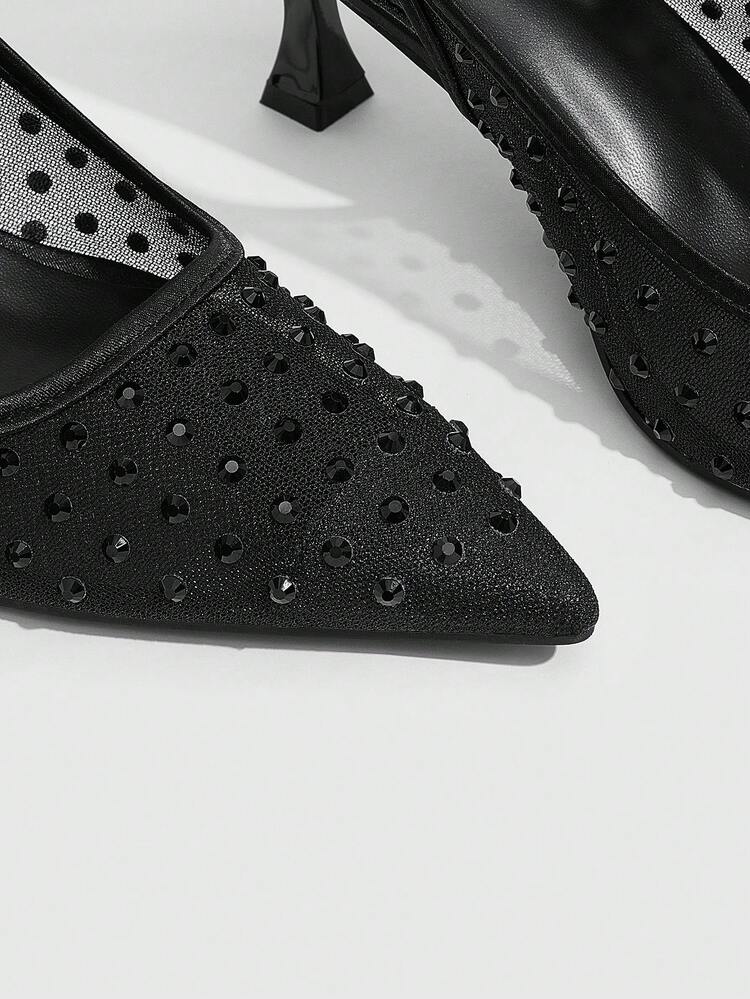 CUCCOO SZL Women's Fashion Pointed Mesh Rhinestone Sparkling Celebrity Temperament Evening Party Party Style Buckle High Heels Women's Shoes