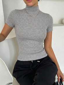 DAZY Women's Turtleneck Slim Fit Casual Undershirt - Grey - View 3
