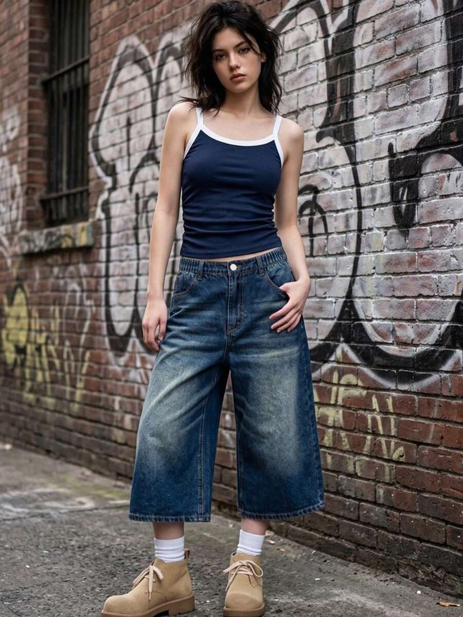 SHEIN 女童Y2K復古水洗寬鬆直筒長版牛仔短褲，夏季街頭風破洞壓褶休閒及膝寬腿短褲