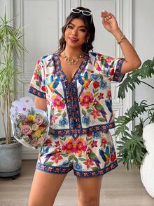 SHEIN EZwear 2件套加大码女式印花休闲衬衫短裤套装 - 彩色 - 查看 2