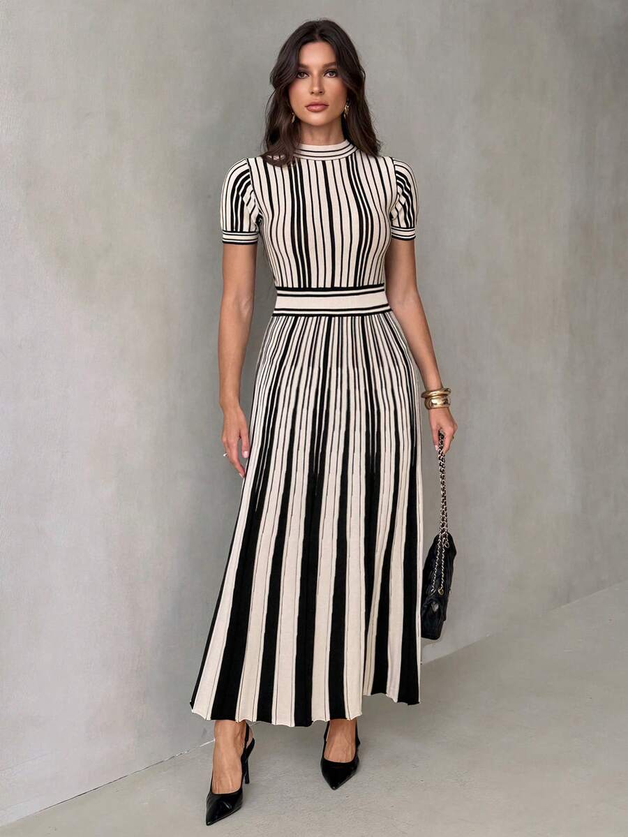 SHEIN Tall Chic Multicolor Knitwear Long Sweater Dress For Women With Stand Collar Short Puff Sleeves And Striped Design - Black and White - View 1