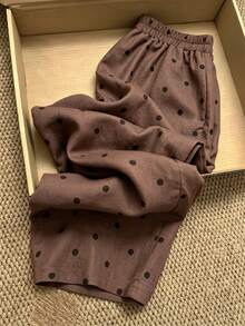 SHEIN Franclia 1960s Vintage Brown Polka Dot Summer Pants,Elegant French Style Elastic Waist Pocket Design Lounge Pants For Casual,Daily,Commute,Beach,Countryside - Multicolor - View 2