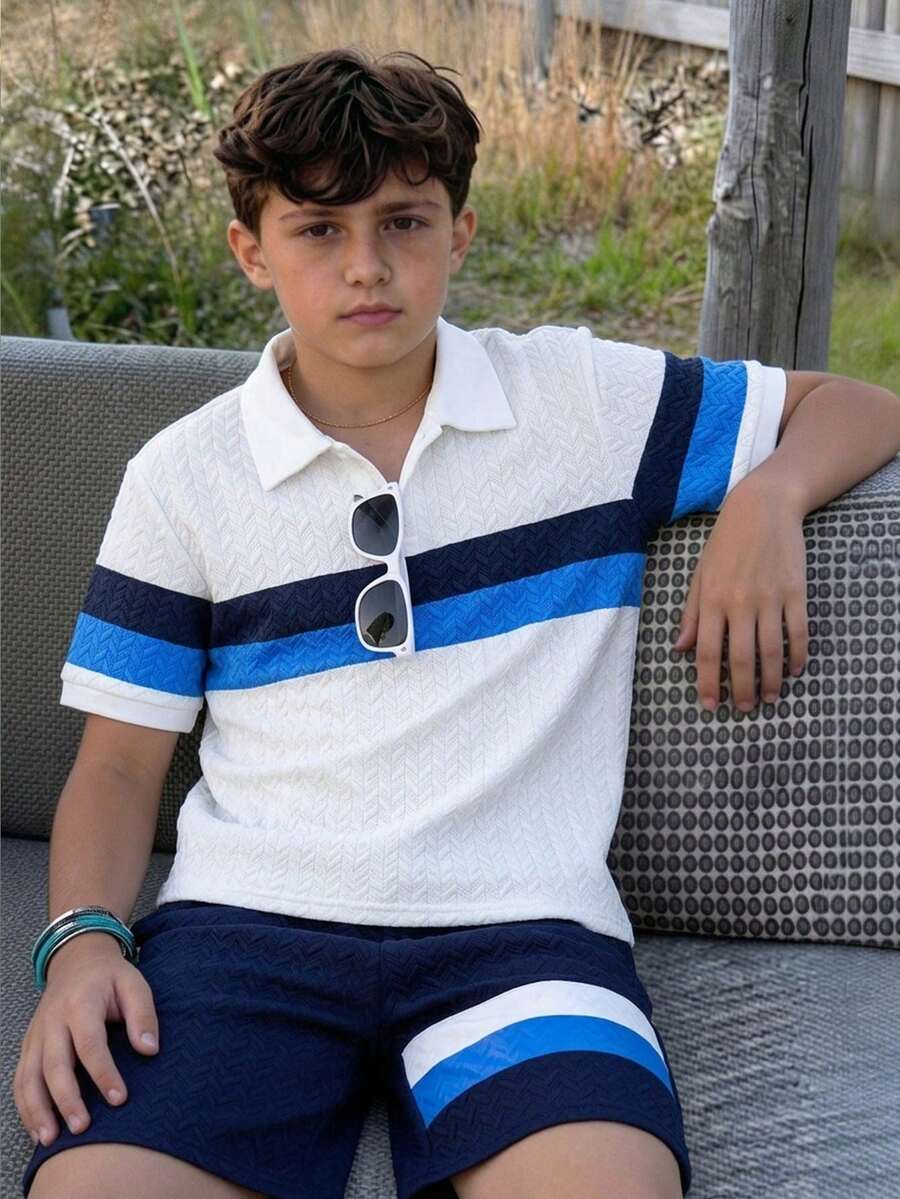 SHEIN Teen Boy 2pcs/Set Collegiate Color Block Polo Shirt & Shorts Set,Summer Streetwear Vacation Holiday Preppy Outfit For Schooling,Daily Casual & Sports