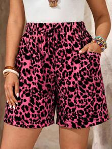EMERY ROSE Plus Size Leopard Print Pocket Shorts, Summer Vacation Pink - Hot Pink - View 1