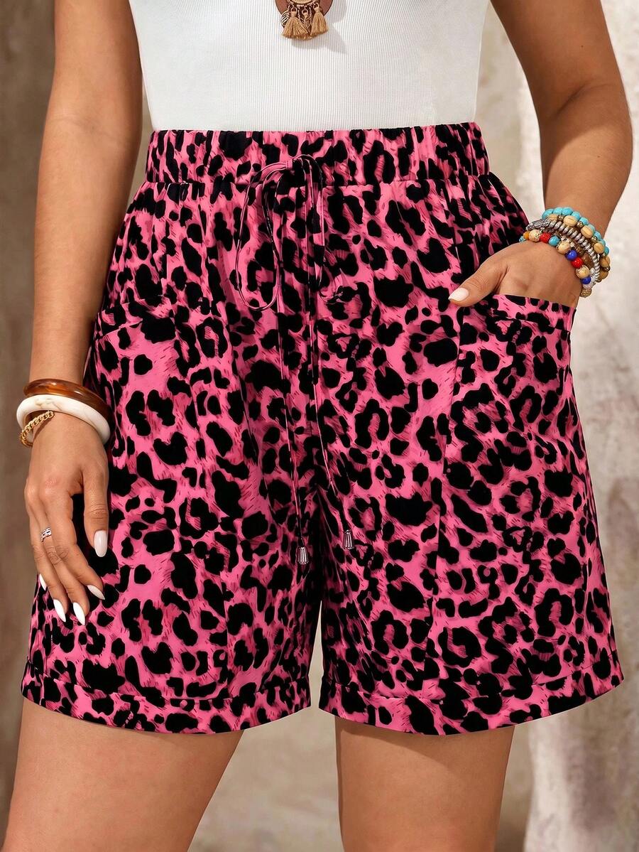 EMERY ROSE Plus Size Leopard Print Pocket Shorts, Summer Vacation Pink - Hot Pink - View 1