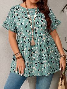 EMERY ROSE Plus Size Casual Resort Style Ruffled Sleeve Allover Print Shirt,Summer Outfits For Women/Summer,Tropical Vacation Woman Clothes - Green - View 5