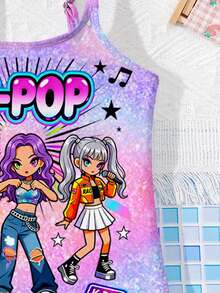 Hình ảnh cô gái hoạt hình, màu chuyển sắc rực rỡ, các ngôi sao K-Pop, họa tiết áo tắm nhóm nhạc nữ hoạt hình, áo tắm một mảnh phù hợp cho mùa hè. - Nhiều màu - Xem 4