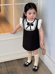 Dazy Kids 女嬰圓領拼色韓風蝴蝶結無袖中長洋裝 幼兒夏季 - 黑色 - 查看 4