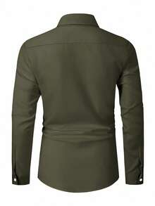 Manfinity Mode Men Solid Button Up Shirt Slim Fit Long Sleeve Plain Green Work Shirt, Fall Cotton - Army Green - View 2
