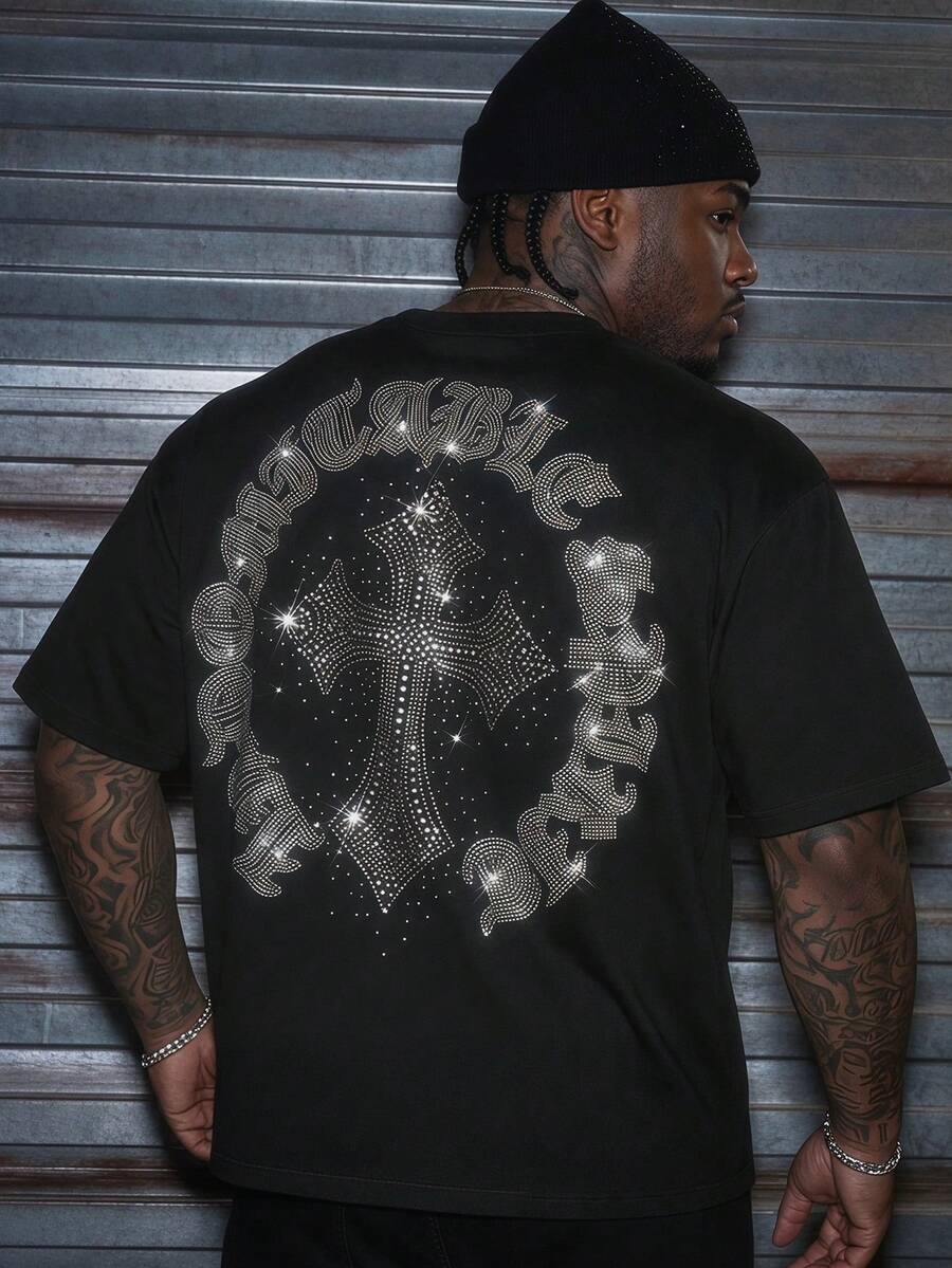 AXEPEAK Camiseta de manga corta con cuello redondo y gráfico de diamante de imitación en la espalda para hombres de talla grande - Negro - Ver 1
