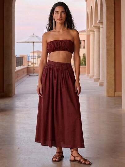 Rouah Bộ đồ nữ màu trơn gồm áo bandeau ngắn xếp ly và quần ống rộng cạp chun - Tiệc mùa hè, Bộ phối đồ, Bộ chất lượng cao, Bộ mùa hè, Trang phục mùa hè