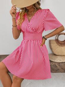 SHEIN Clasi Rochie midi cu talie elastică și dungi, stil vacanță - Roz fierbinte - Vizualizare 6