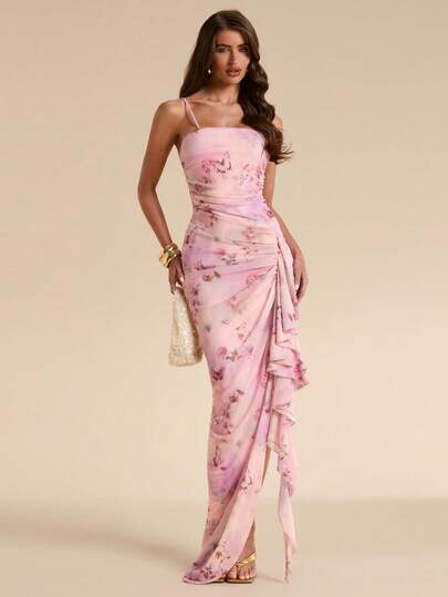 SHEIN BAE Đầm maxi không tay, xẻ tà cao, xếp ly, họa tiết hoa, thích hợp cho các buổi hẹn hò lãng mạn, tiệc tùng, các sự kiện trang trọng, đầm phù dâu, đầm hè, đầm dự tiệc trà, đầm sinh nhật, đầm màu hồng, đầm mặc thường ngày.