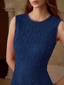 MOTF PREMIUM WOMEN'S SOLID COLOR LACE WAIST FLARED DRESS - Blue - View 3