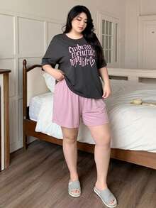Dazy Plus 可爱女童休闲家居服字母印花短袖上衣和纯色宽松睡裤套装，大码，春夏款 - 灰色 - 查看 7