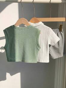 SHEIN 3件套男女宝宝休闲可爱棕榈树图案背心、白色短袖衬衫和短裤套装，男宝宝套装，男宝宝夏季服装，街头服饰 - 綠色 - 查看 2