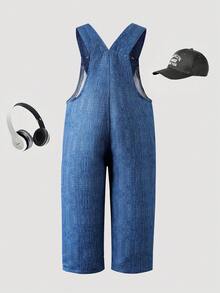 SHEIN Elladie kids 女童休闲牛仔背带裤，春夏秋冬皆宜，蓝色底粉色蝴蝶结装饰，宽松直筒裤型，面料柔软舒适，适合日常、上学、通勤等多种场合。 - 藍色 - 查看 2