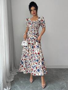 Rafferiza Women's Elegant Floral Print Square Neck Dress, Ruffle Trim, Ruffle Sleeves, Suitable For Spring, Summer, Autumn Short Dress - Multicolor - View 5