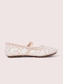 CUCCOO DOLLMOD Women's Shoes, Light Pink, Round Toe Mary Jane Flats, Flower Embroidered Mesh Yarn, Sweet And Cute, Comfortable, Soft And Breathable - Fireworks - Powder - View 5