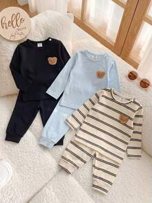 SHEIN Playful Pals 6pcs Newborn Solid Color & Striped Knit Soft Fabric Jumpsuit With 3D Bear Decor, Long Sleeve Round Neck T-Shirt And Elastic Waist Pants Set, Casual Comfortable Nature Style Vintage Cute Outfit, Suitable For Baby Boys And Girls, Fit For Indoor And Outdoor Activities - Multicolor - View 11
