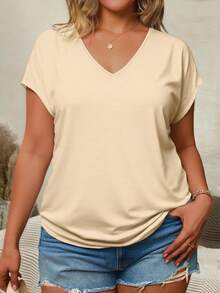 EMERY ROSE Apricot Solid V-Neck Short Sleeve Plus Size T-Shirt, Batwing Sleeve Design - Multicolor - View 6