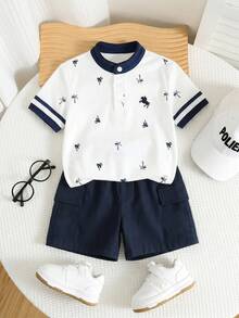 SHEIN Conjunto de 2 piezas para niños pequeños, camisa polo de manga corta con estampado tropical de cuello blanco y pantalones cortos azul marino, casual, cómodo, versátil, adecuado para uso diario, viajes, al aire libre, vacaciones, playa, primavera/verano - Multicolor - Ver 7