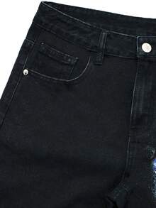 Manfinity EMRG Quần short denim nam phong cách đường phố Mỹ casual, màu đen wash, in hình đại bàng Ngày Độc lập - màu đen - Xem 5
