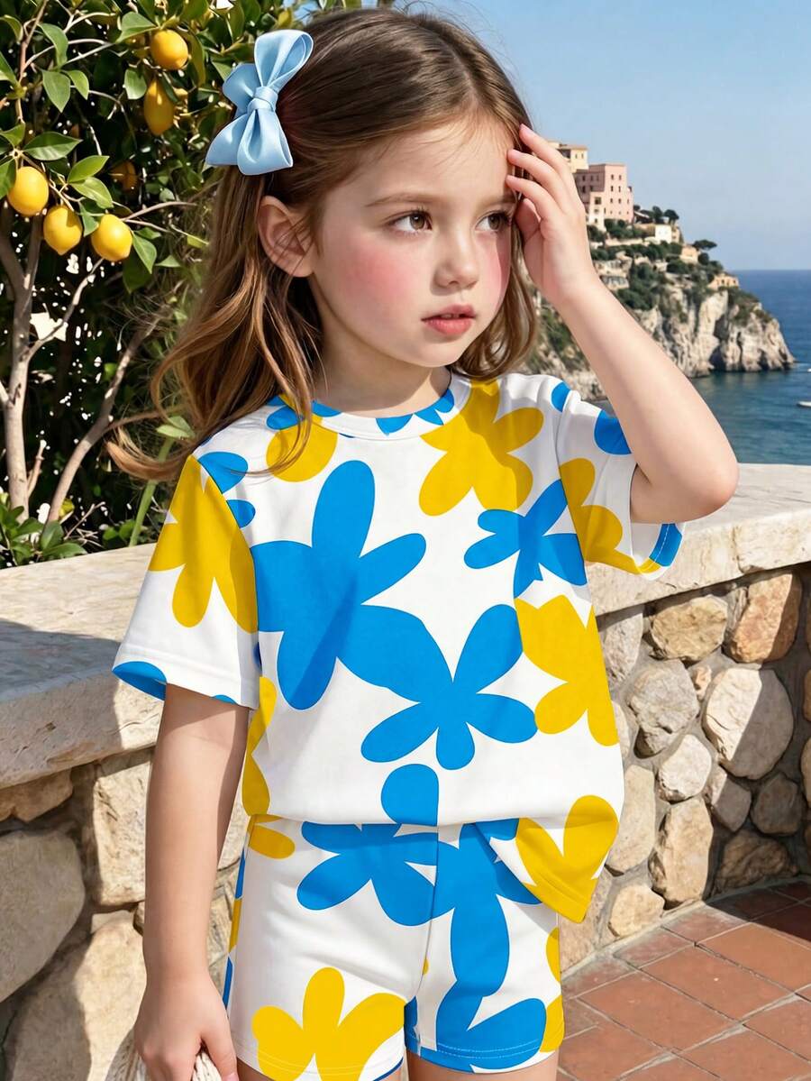 2件組女嬰(6個月-3歲)白色夏季可愛飄逸度假假期藍黃花卉印花短袖T恤+短褲套裝,上學穿搭 - 彩色 - 查看 1