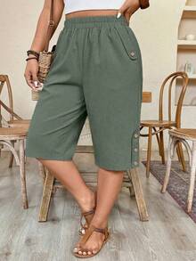 Weeklong Pantalones cortos casuales de talla grande con cintura elástica, bolsillos laterales y decoración con remaches - verde menta - Ver 1