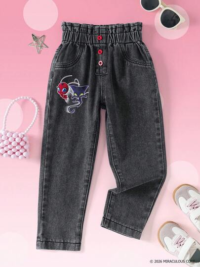 Miraculous Ladybug X SHEIN Quần jeans cạp chun in hình hoạt hình thời trang dành cho bé gái