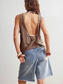 Bohemela Camiseta sin espalda de punto de unicolor para mujer, primavera/verano - Café integral - Ver 8