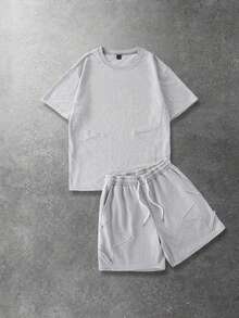ROMWE MEN Street Life Men's Minimalist Crew Neck Short Sleeve T-Shirt And Drawstring Waist Pocket Shorts Set - Light Grey - View 1