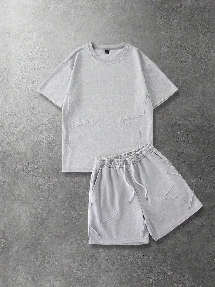 ROMWE MEN Street Life Bộ đồ nam tối giản gồm áo thun cổ tròn tay ngắn và quần short cạp chun có túi. - Màu Xám nhạt - Xem 1