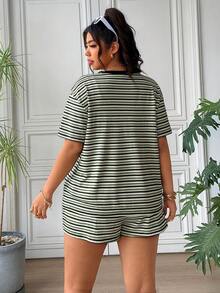 SHEIN EZwear 条纹加大码女式宽松圆领落肩短袖两件套，夏季 - 彩色 - 查看 2